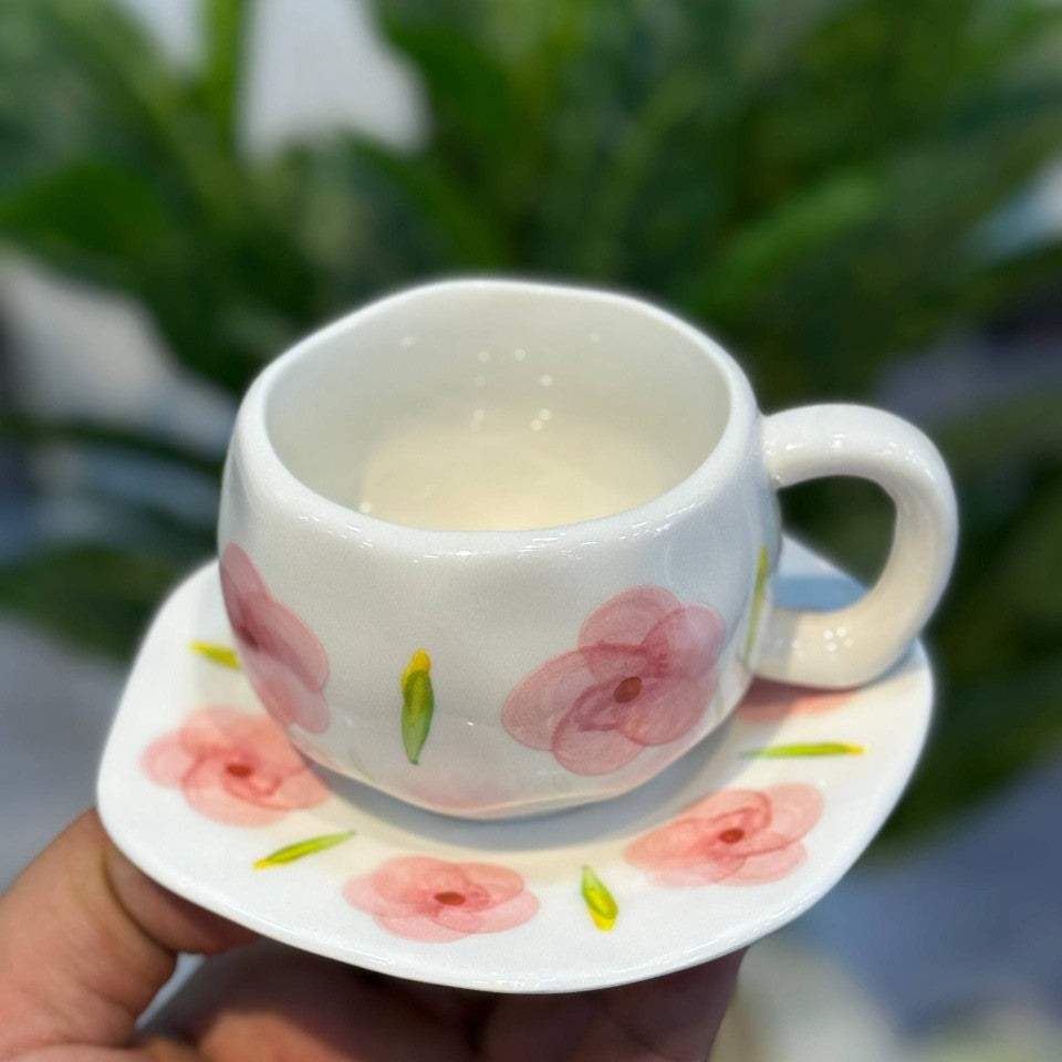 🌸 Tasse à Café en Porcelaine Fleurie avec Soucoupe ☕