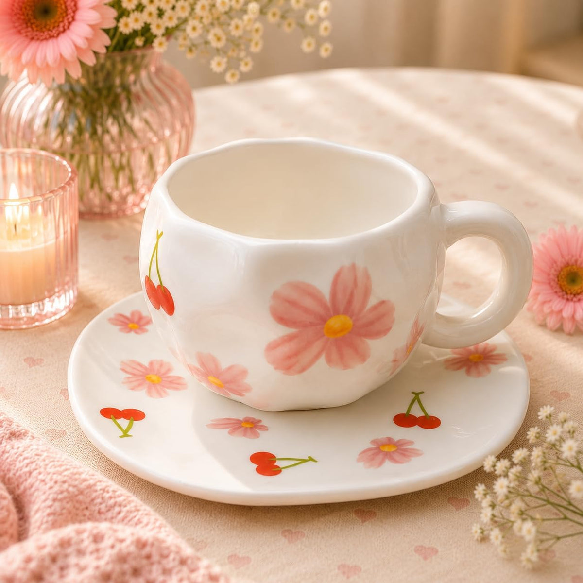 Tasse à Café en Porcelaine Fleurie et cerise