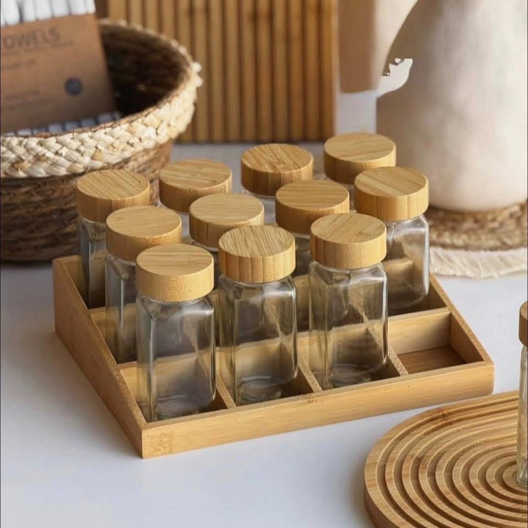 organisateur d'epices en bambou avec 12 pots en verre