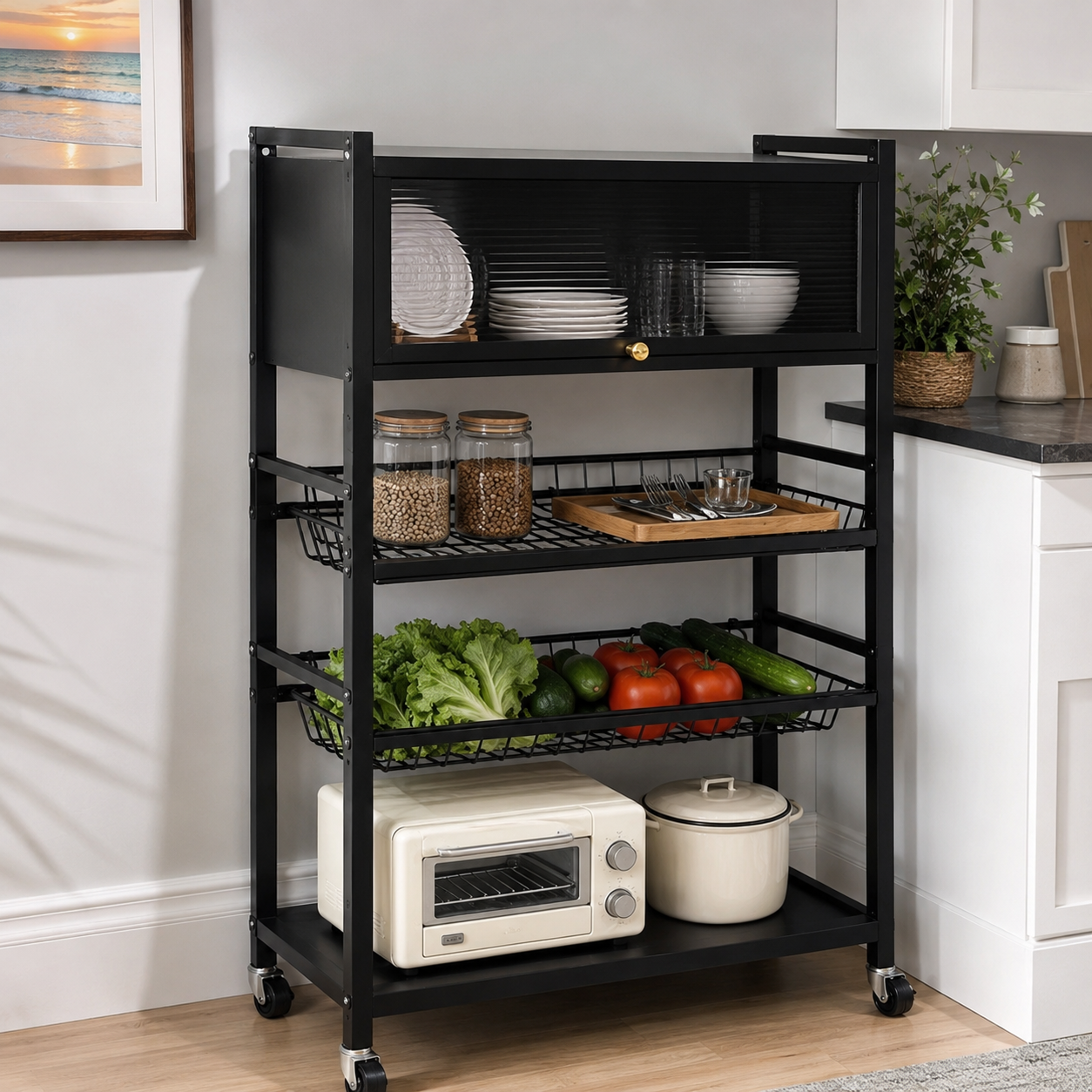 Étagère de Cuisine Multifonction avec Armoire Coulissante sur Roulettes