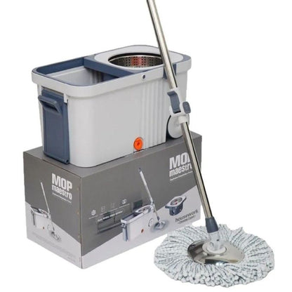 Kit Nettoyage Sol Balai Rotatif 360° Seau Inox avec Têtes Microfibre