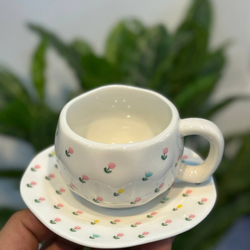 🌷 Tasse à Café en Porcelaine Fleurie avec Soucoupe ☕