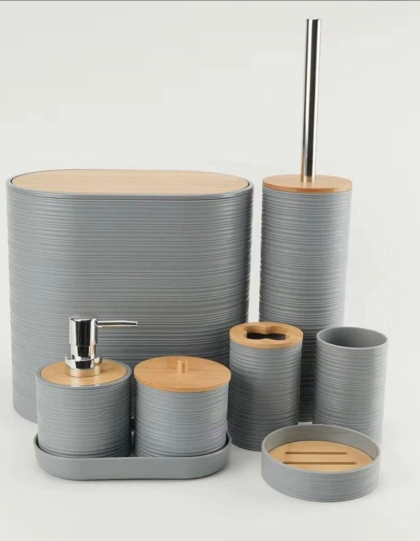 🖤 Ensemble d’Accessoires de Salle de Bain 8 Pièces Noir & Bambou Élégant