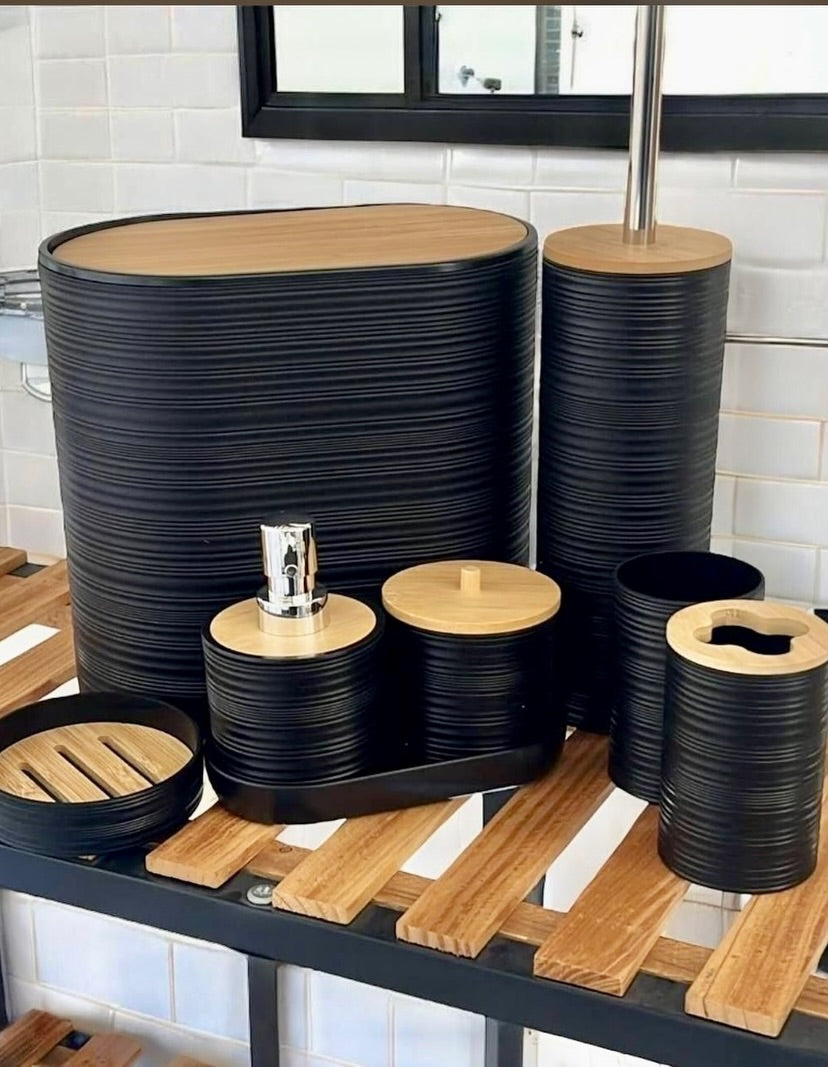 🖤 Ensemble d’Accessoires de Salle de Bain 8 Pièces Noir & Bambou Élégant