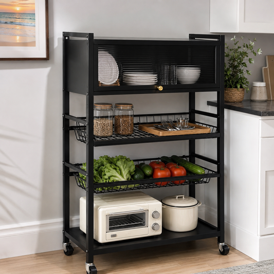 Étagère de Cuisine Multifonction avec Armoire Coulissante sur Roulettes