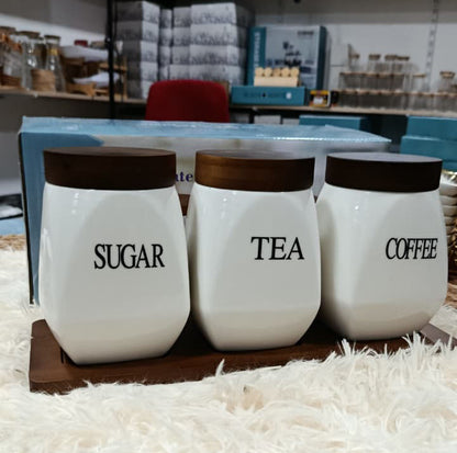 3 Pots SUGAR TEA COFFEE avec Plateau en Bois