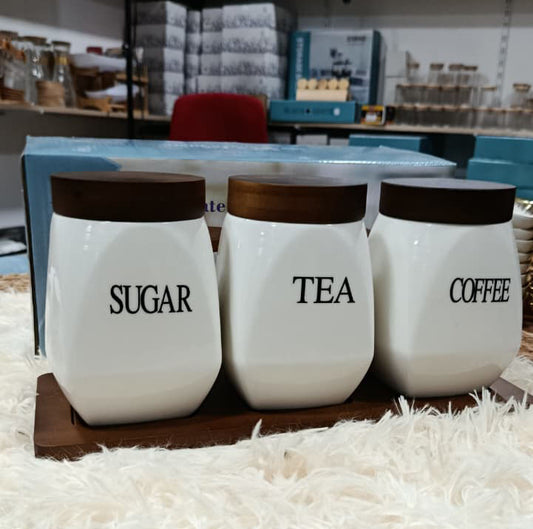 3 Pots SUGAR TEA COFFEE avec Plateau en Bois