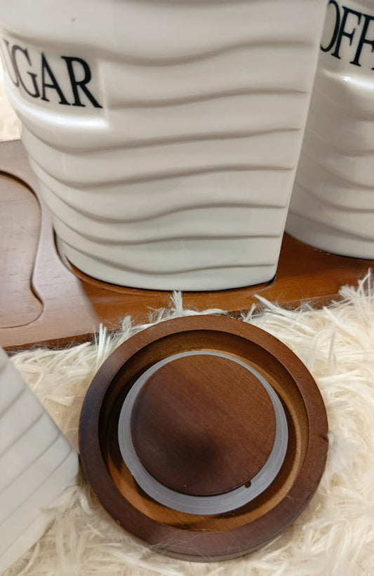 Boîtes à Sucre & Café en Céramique – Couvercle Effet Bois