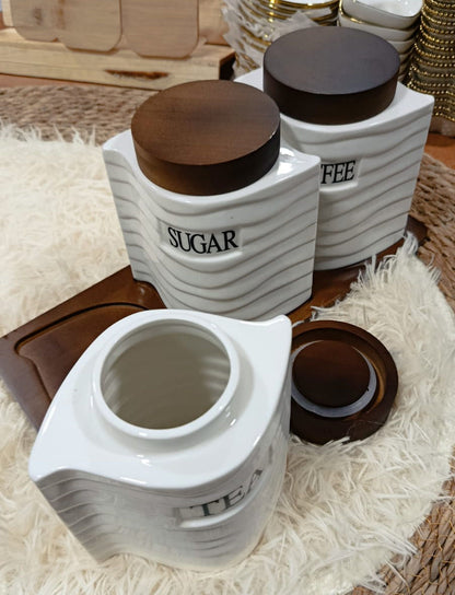 Boîtes à Sucre & Café en Céramique – Couvercle Effet Bois