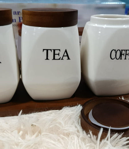 3 Pots SUGAR TEA COFFEE avec Plateau en Bois